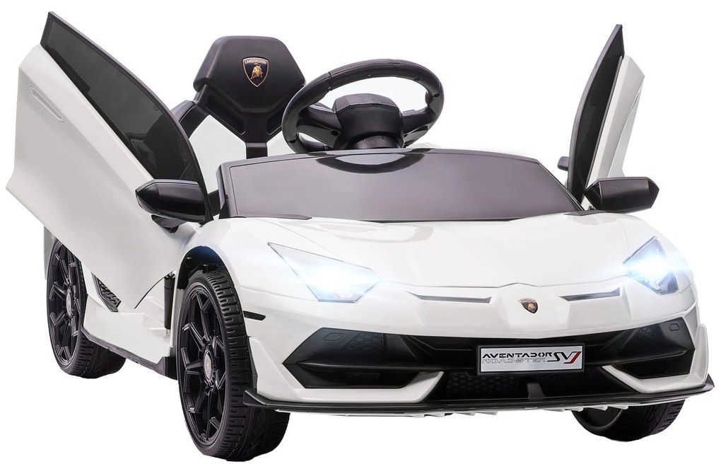 HOMCOM Carro Elétrico Lamborghini para Crianças 12V Velocidade Máxima 5km/h Controlo Remoto MP3 Luzes e Cinto de Segurança 107,5x63x42 cm Branco