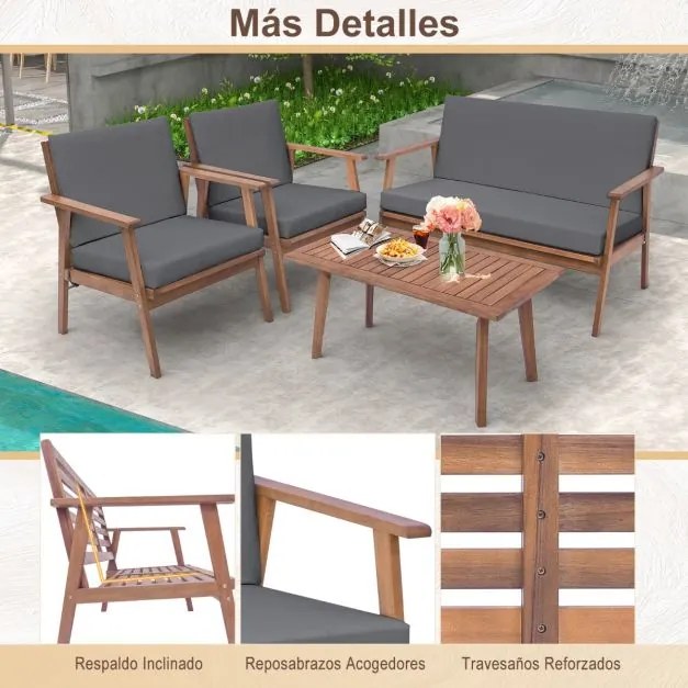Conjunto de móveis de jardim de 4 peças em madeira de acácia com 1 mesa de centro, 2 cadeiras e 1 sofá para pátio, terraço ou varanda, cinza