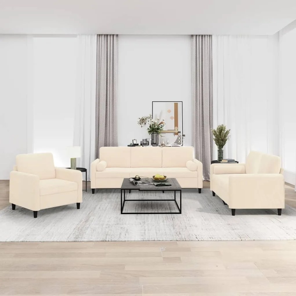 vidaXL 3 pcs conjunto sofás c/ almofadas/almofadões veludo cor creme