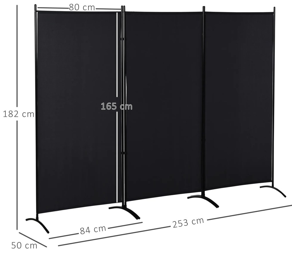 Biombo de 3 Paineis Separador de Ambientes Dobrável Biombo de Privacidade com 6 Pés de Metal 253x50x182 cm Preto