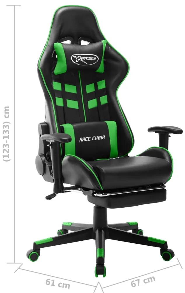Cadeira de gaming c/ apoio de pés couro artificial preto/verde