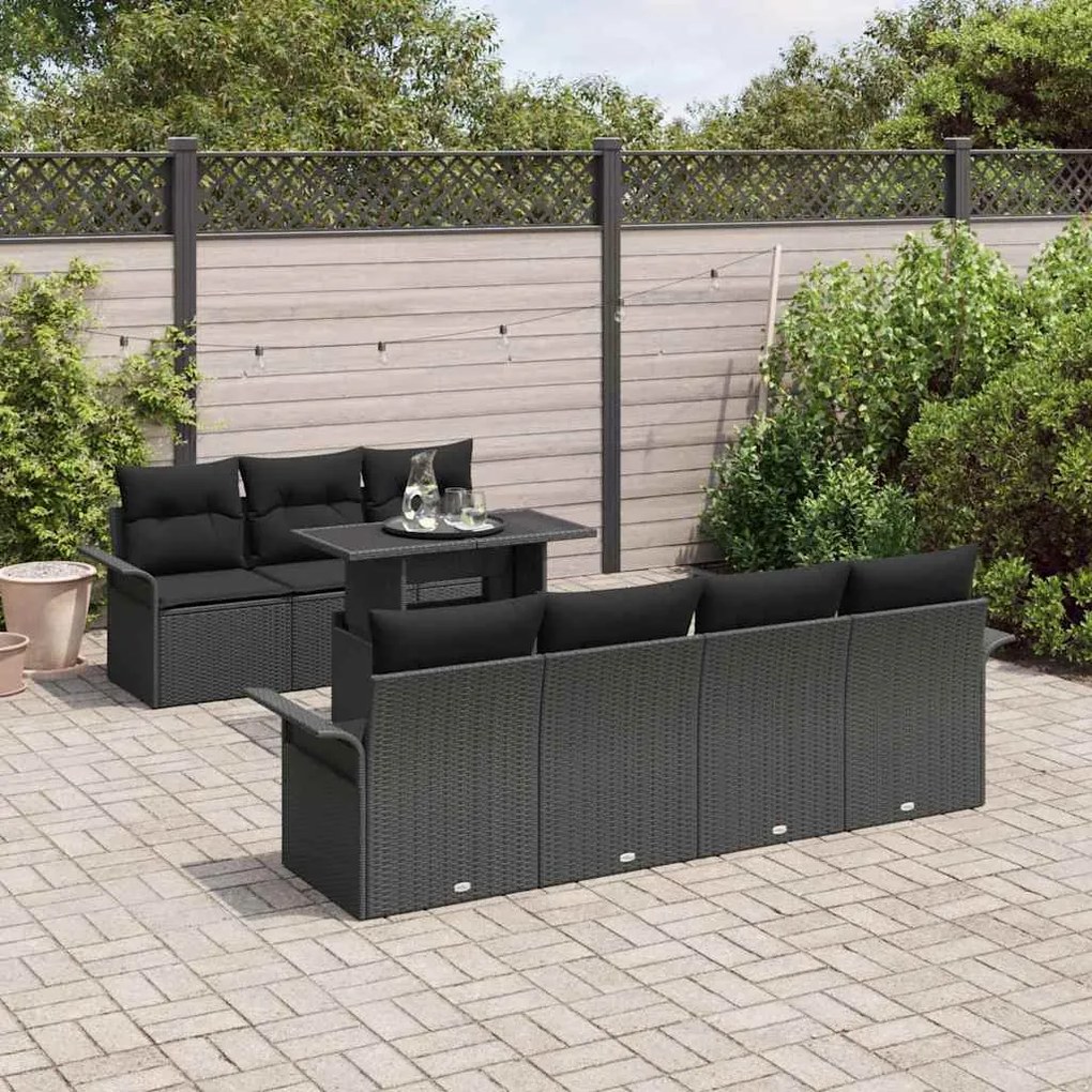 Conjunto de Sofá de Jardim de 8 Peças com Almofadas Preto Rattan Polié