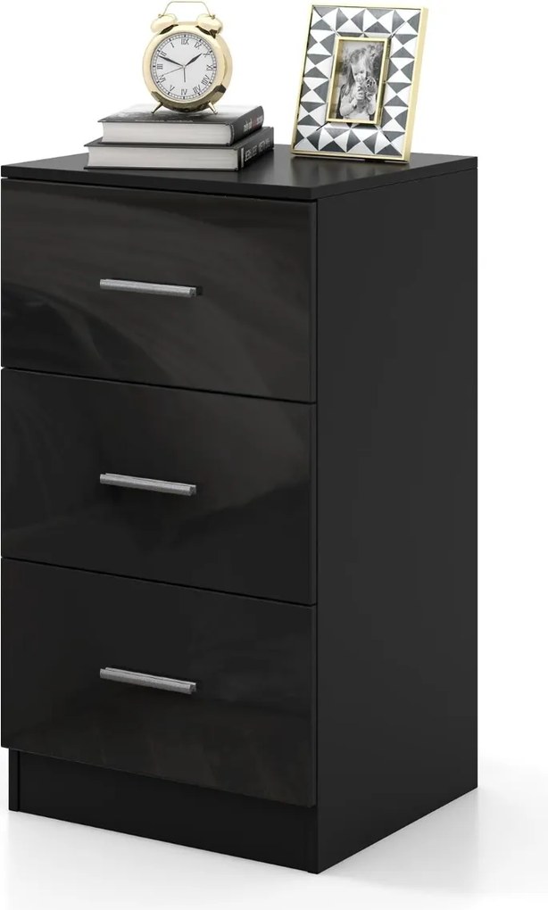 Mesa cabeçeira 38 x 35 x 66 cm com estação de carregamento, 3 gavetas preta