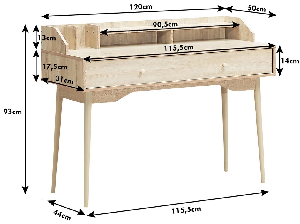 Secretária Mesa de computador com gaveta, pés de madeira de borracha e 2 compartimentos para escritório de estudo 120 x 50 x 93 cm Natural