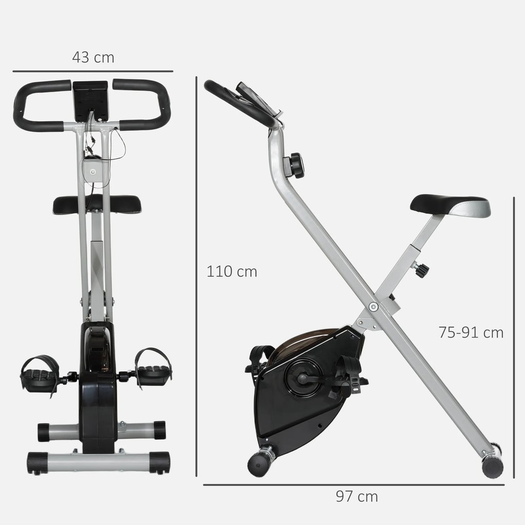 Bicicleta Estática Dobrável Silenciosa com 8 Níveis de Resistência Monitor LCD Assento Ajustável e Rodas Cinza