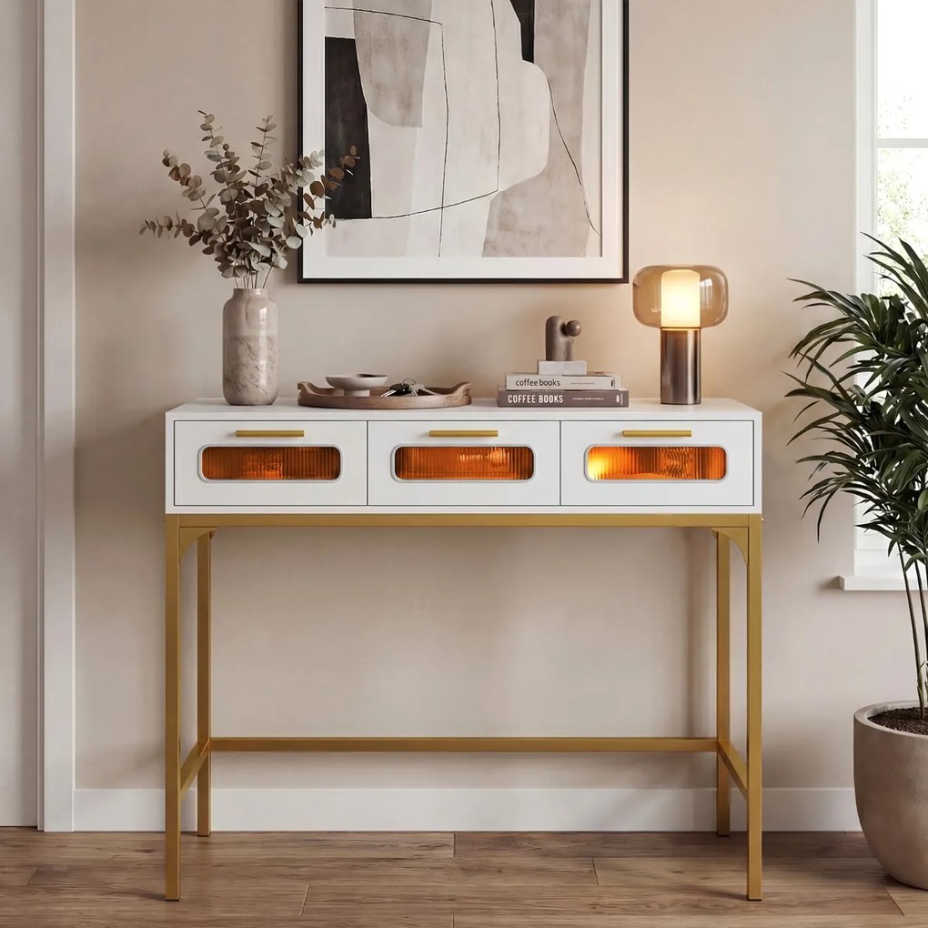 Mesa Consola com luzes LED e estação de carregamento, 90 x 40 x 75 cm, com portas USB e gavetas, estreita, para colocar atrás do sofá, na entrada ou n