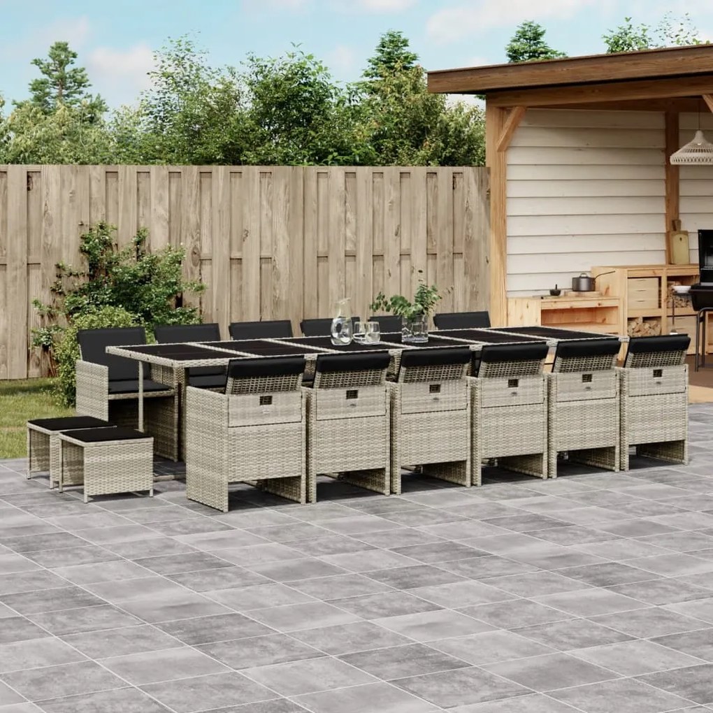 vidaXL 17 pcs conj. jantar jardim c/ almofadões vime PE cinzento-claro