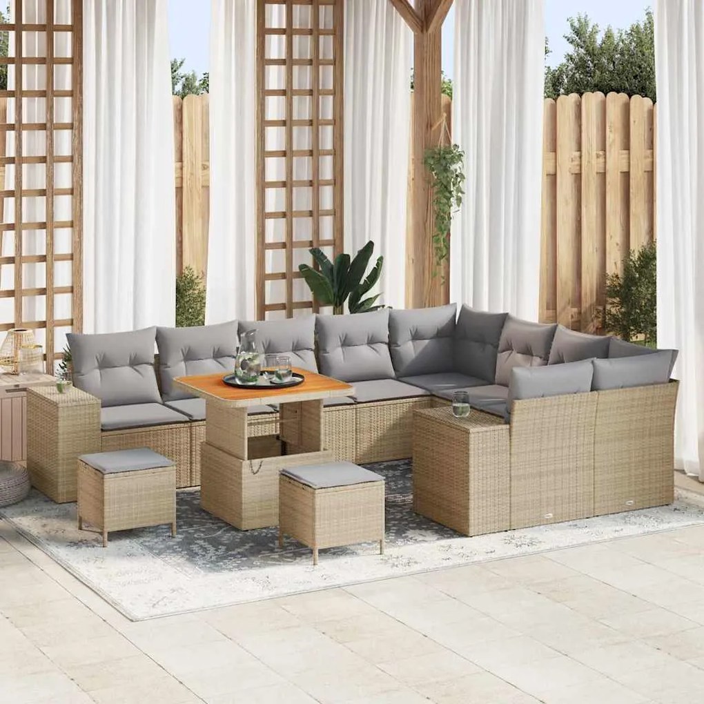 vidaXL Conjunto de Sofá de Jardim de 12 Peças com Almofadas Beijinhas em Rattan Sintético e Acácia.