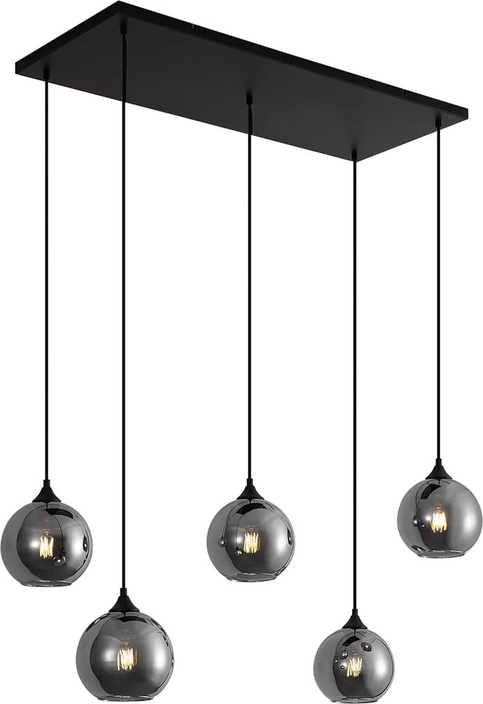 Candeeiro suspenso Art Deco preto com vidro fumado 5 luzes - Wallace