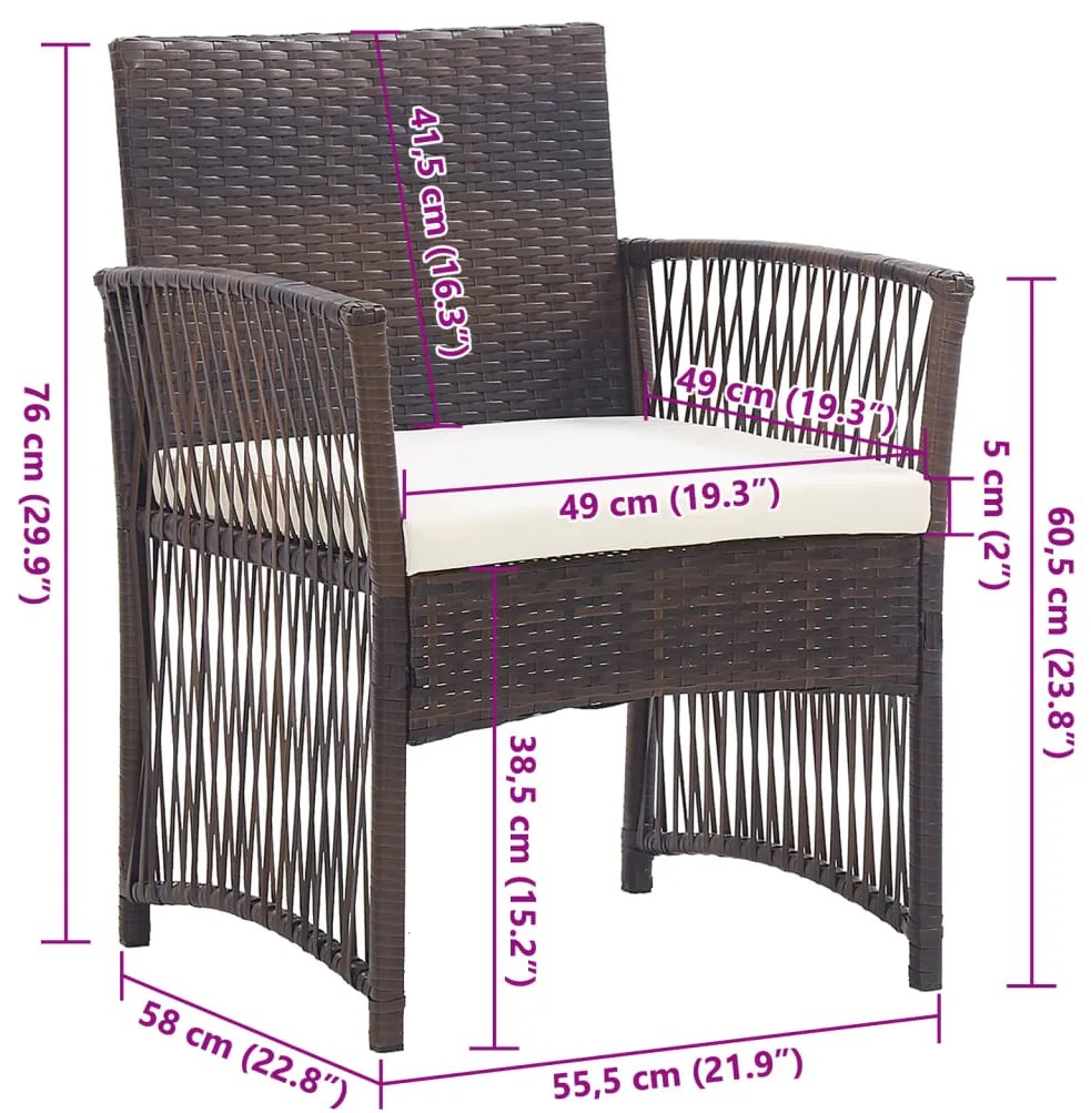 Cadeiras de jardim com almofadões 2 pcs vime PE castanho