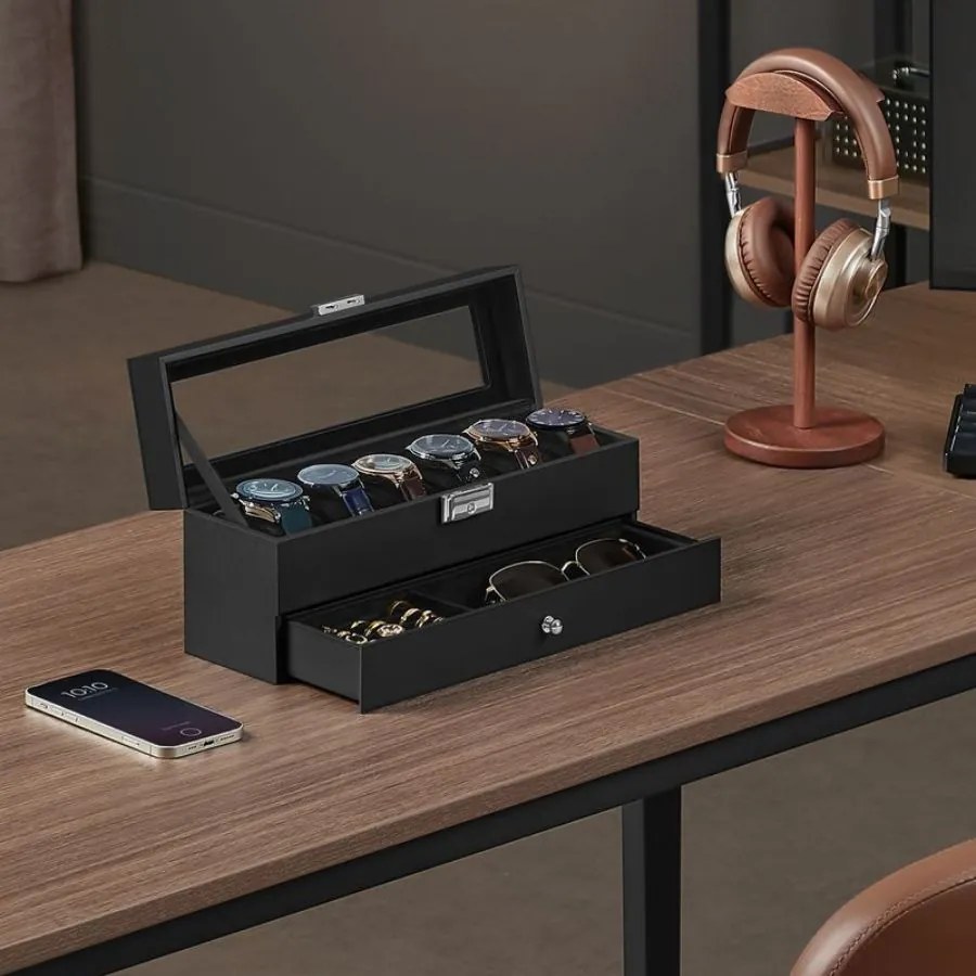 Caixa para relógios com 2 níveis 10 x 32,5 x 13,5 cm, revestimento em PU e forro interior em preto