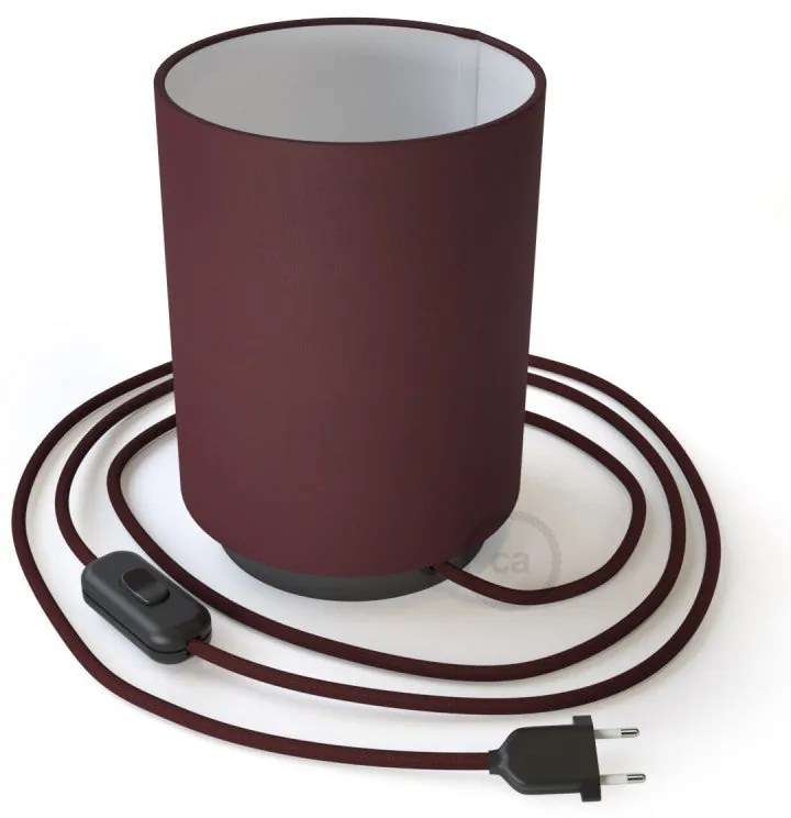 Posaluce em metal com abajur Cilindro Canvas Bordeaux, com lâmpada, cabo de tecido, interruptor e ficha bipolar