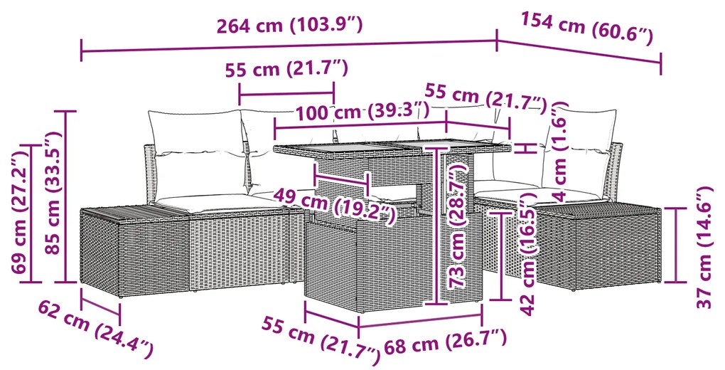 Conjunto de Jantar de 6 Peças com Almofadas Cinza Rattan Acácia