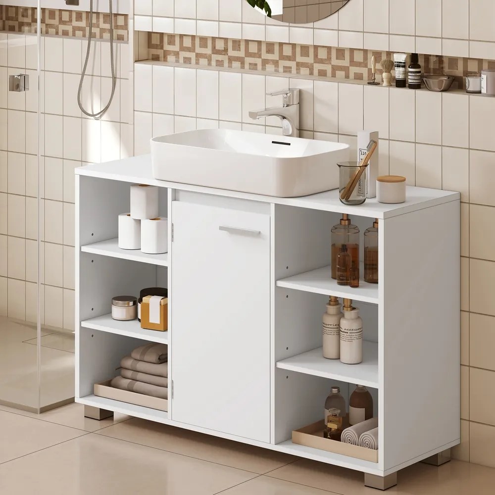 Armário de casa de banho 30 x 90 x 60 cm para lavatório (NÃO INCLUIDO), com prateleiras ajustáveis e pés Branco