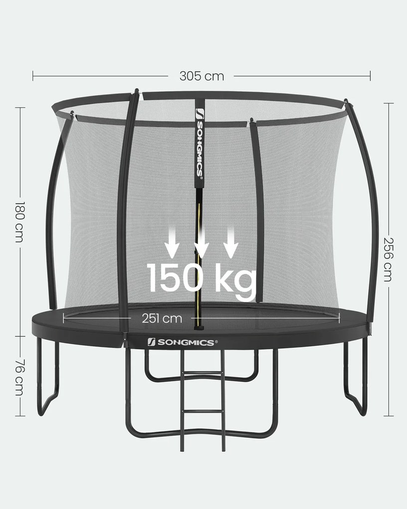 Trampolim de 305 cm de diâmetro, de jardim para crianças com rede de segurança, barras curvas com 180 cm de altura, cobertura de borda, escada, estrut
