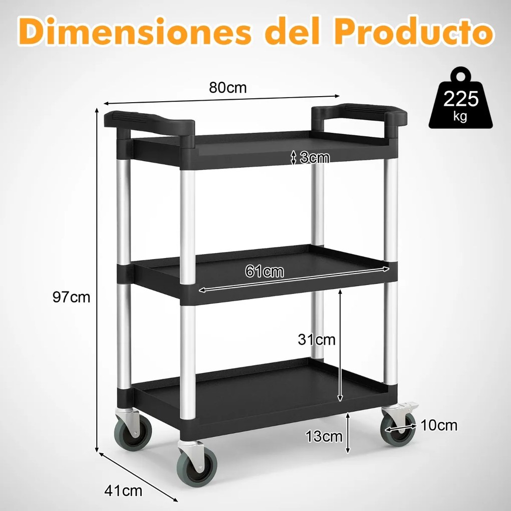 Carrinho multifuncional 80 x 41 x 97 cm de 3 níveis com rodas bloqueáveis e alças duplas, estrutura em alumínio para cozinha ou garagem, preto
