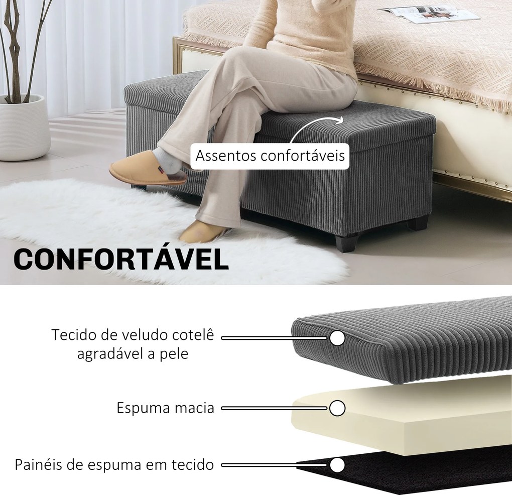 Banco de Arrumação Capacidade de 84 L Estofado em Veludo Banco Pé de Cama para Dormitório 112x42x40 cm Cinzento