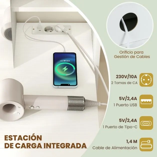 Toucador com espelho retangular com banco 80 x 50 x 138 cm, estação de carregamento, prateleiras abertas e compartimento oculto branco