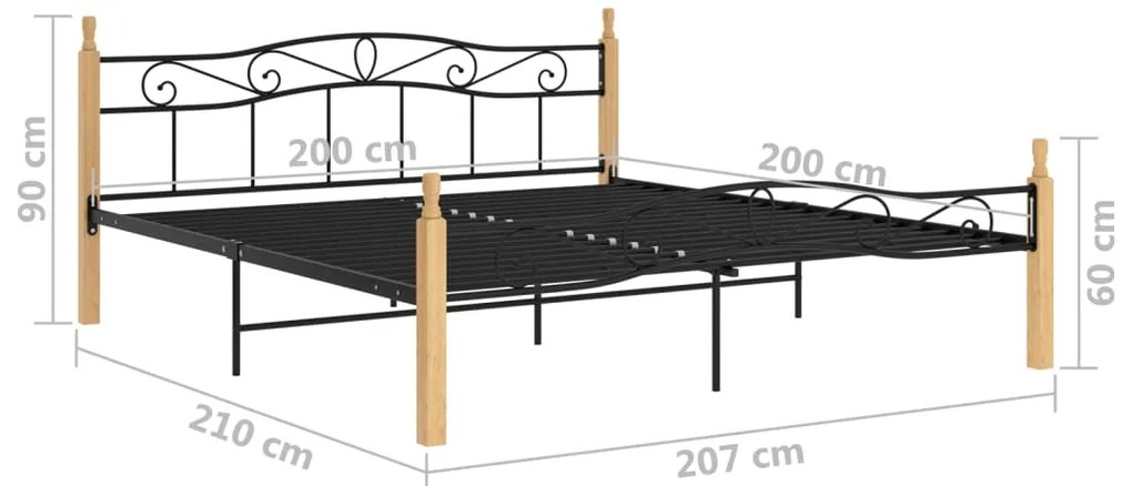 Estrutura de cama 200x200cm metal/madeira carvalho maciça preto