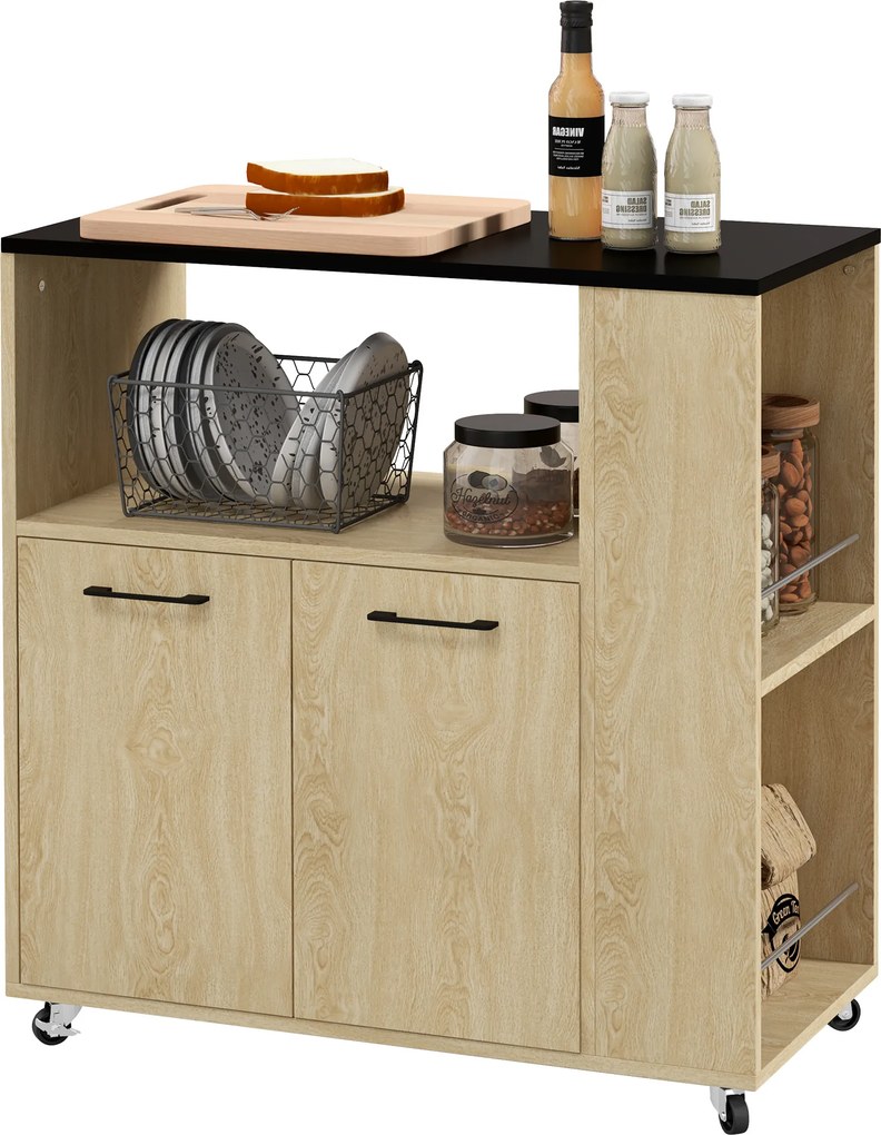 Carrinho de Cozinha com Rodas 2 Portas Prateleira Ajustável Porta-Especiarias para Sala de Jantar 75x40x80,5 cm Madeira