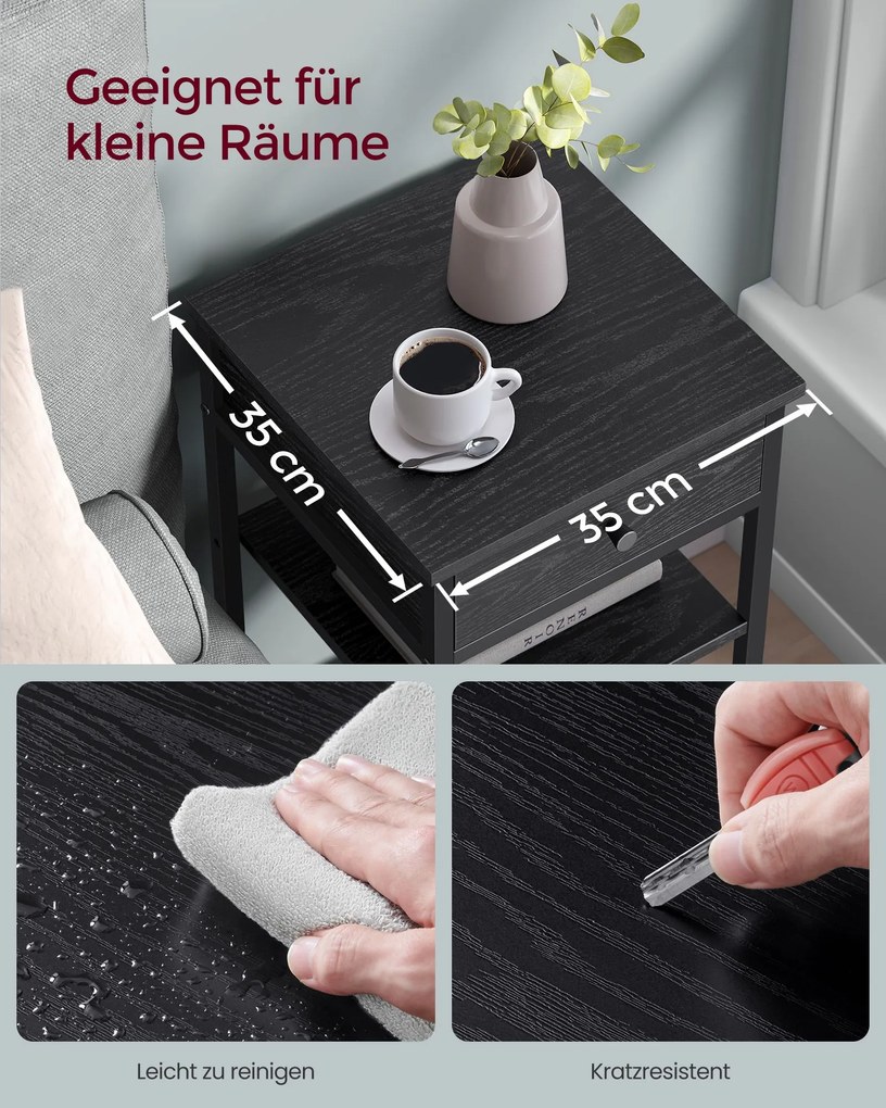 Mesa de cabeçeira com uma gaveta e 2 compartimentos abertos 35 x 35 x 70 cm Preta