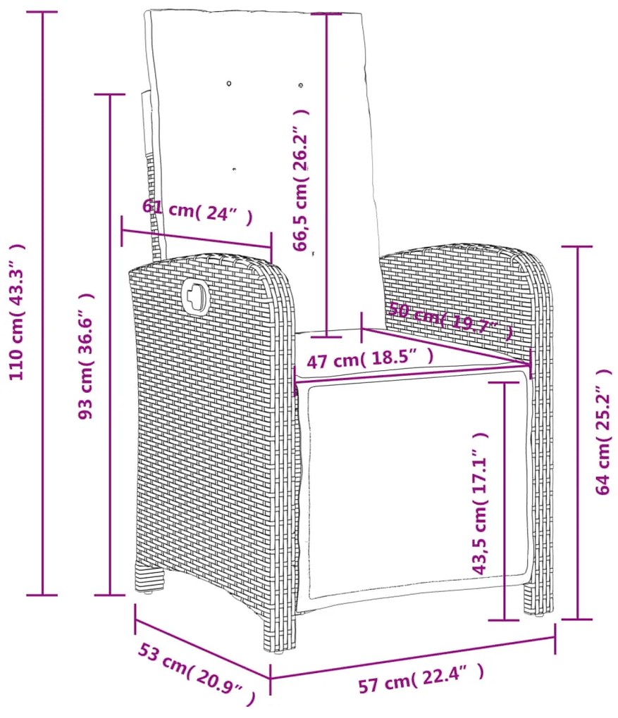 3 pcs conjunto de jantar p/ jardim c/ almofadões vime PE cinza