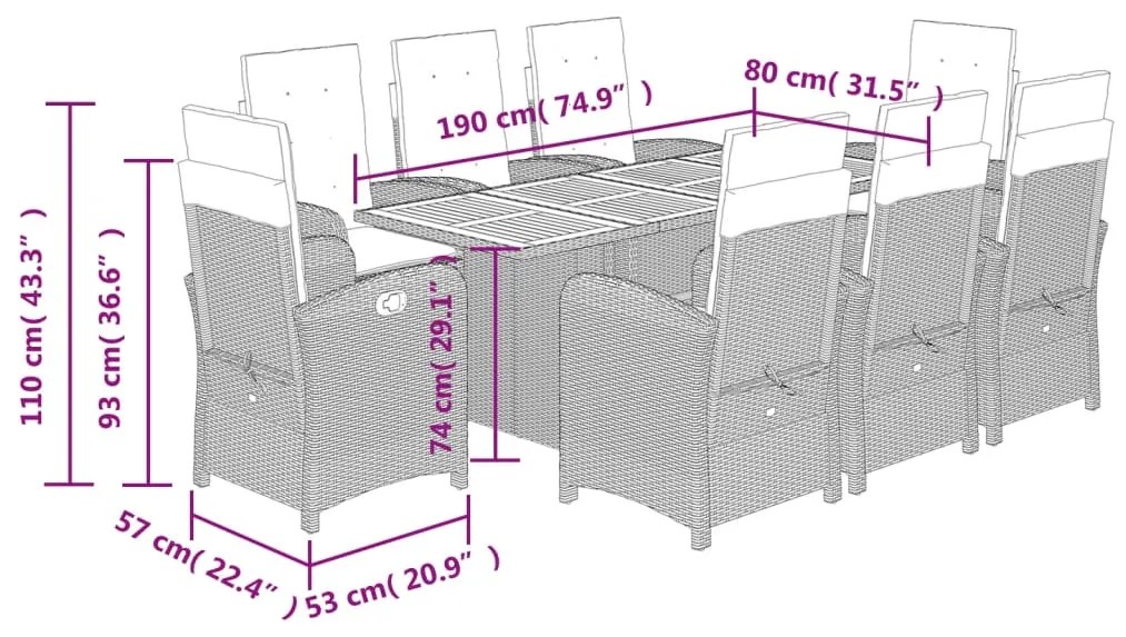 9 pcs conjunto de jantar p/ jardim c/ almofadões vime PE cinza