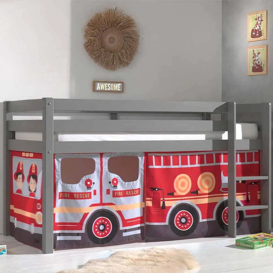 Cama alta de Criança PINO 90 x 200 cm + estrado + escada + cortina Bombeiros Cinzenta