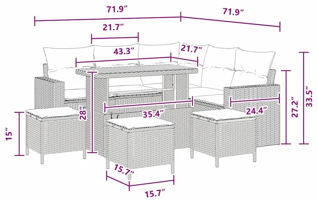 Conjunto de Sofá de Jardim de 9 Peças da com Almofadas Pretas em Polyr