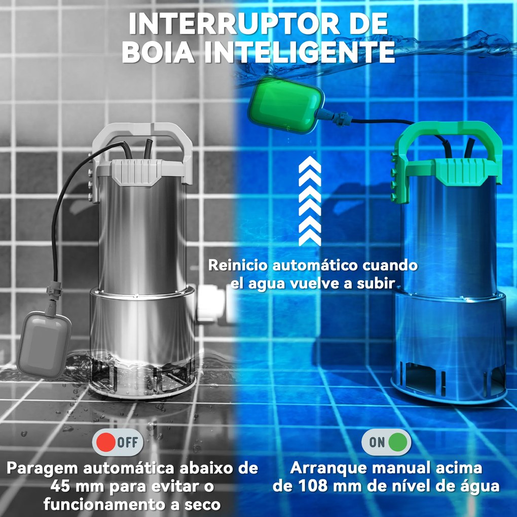 Bomba Submersível de Águas Residuais 1100W com Capacidade de 18000 l/h e Interruptor de Flutuador 16x15x40 cm Prata