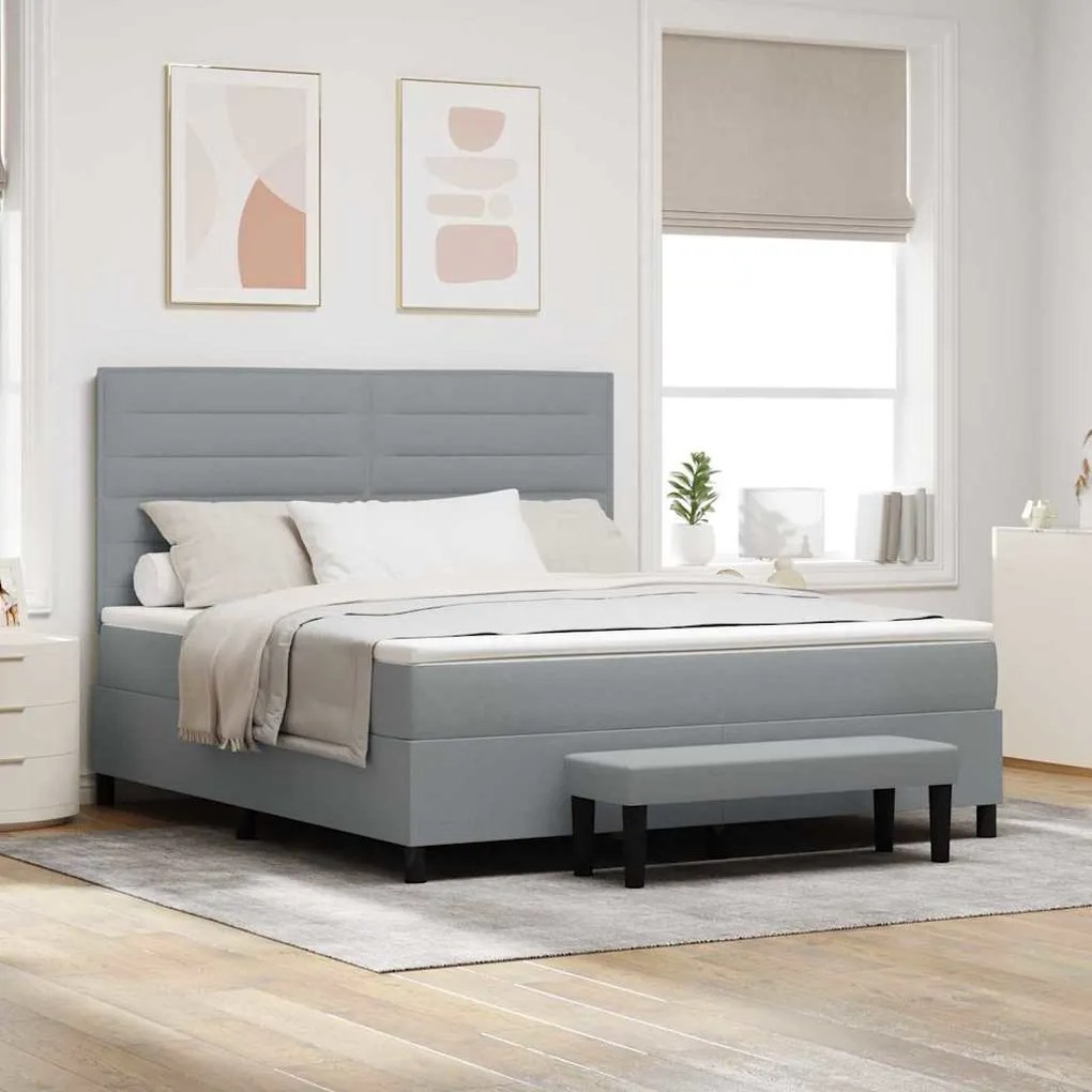 Cama Box Spring com Colchão e Banco Cinza Claro 180x200 cm Tecido