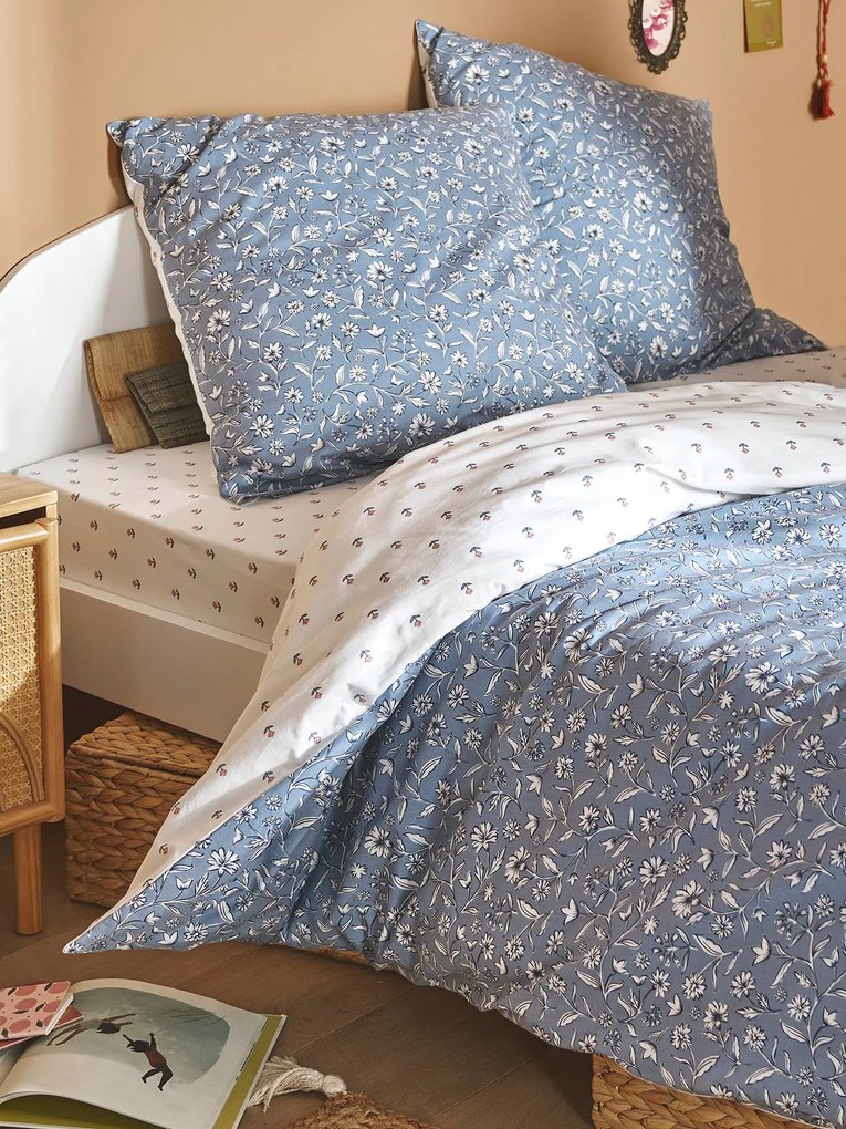 Conjunto capa de edredon + fronha de almofada para criança, reversível, em algodão reciclado, India Blue azul estampado