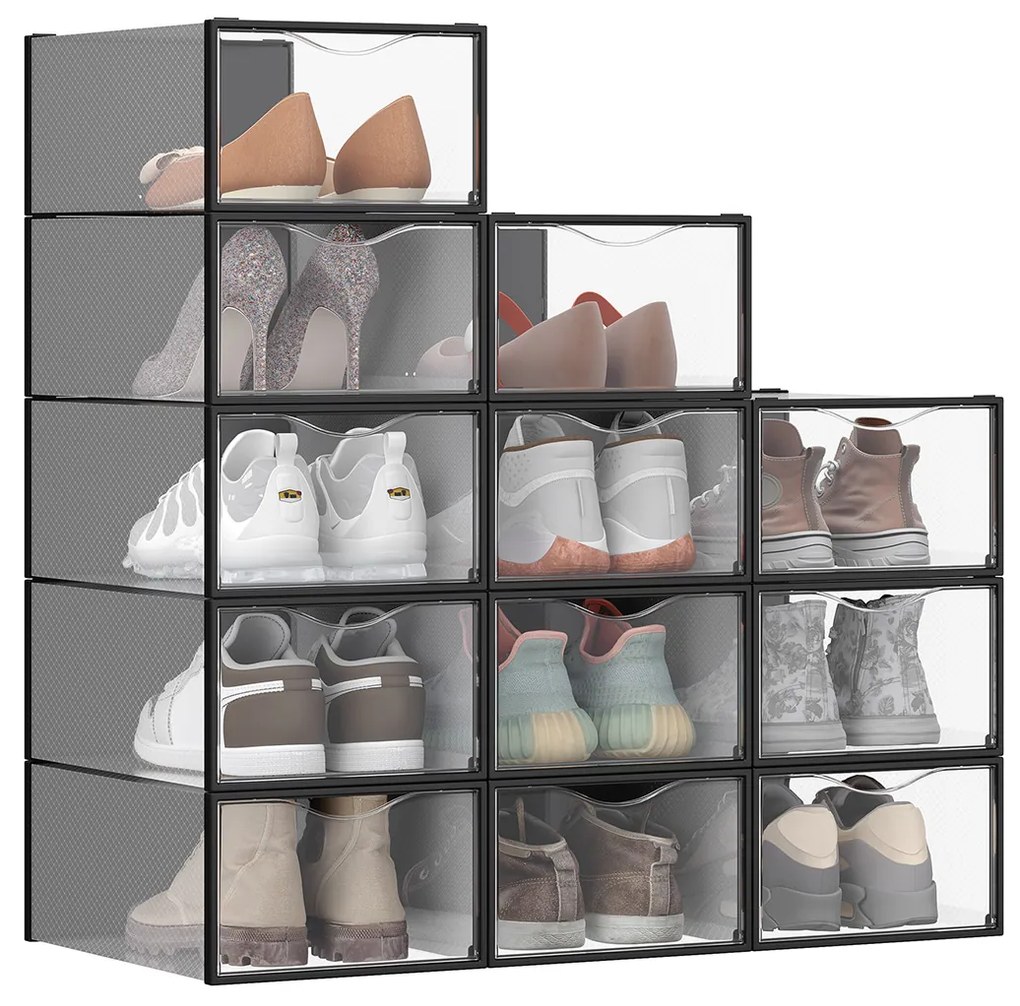 Conjunto de 12 caixas de plástico para sapatos até tamanho 43 transparente-preto