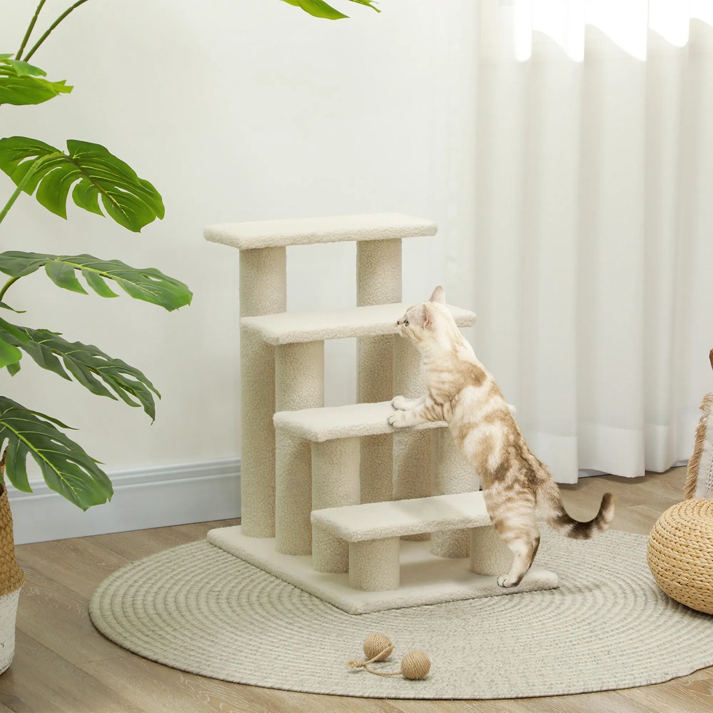 Escada para animais de estimação com 4 degraus 61 x 41 x 60 cm, revestimento com efeito de lã encaracolada, cor creme
