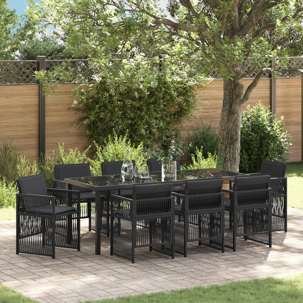 Conjunto de Jantar vidaXL de 9 Peças com Almofadas Rattan Sintético Preto