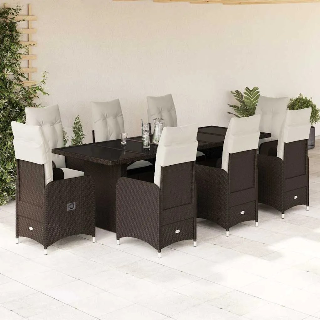 9 pcs conjunto bistrô de jardim c/ almofadões vime PE castanho