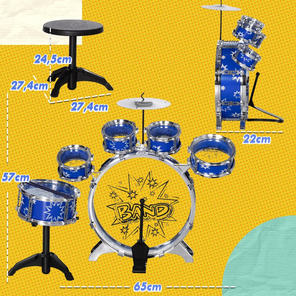 Bateria Infantil com Banco Bateria para Crianças acima de 3 Anos com Pedal e Baqueta Desenho de Estrelas 65x22x57 cm Azul