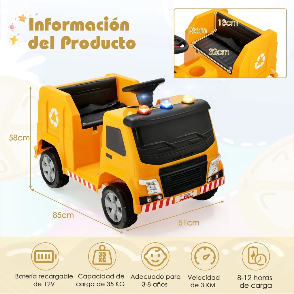 Carrinho de reciclagem de lixo elétrico 12V para crianças de 3 a 8 anos com luzes musicais com controle remoto 85 x 51 x 58 cm Amarelo