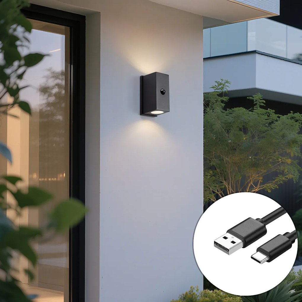 Candeeiro de Parede Preto Sensor Lux Magnético Incl. LED Recarregável - Baleno