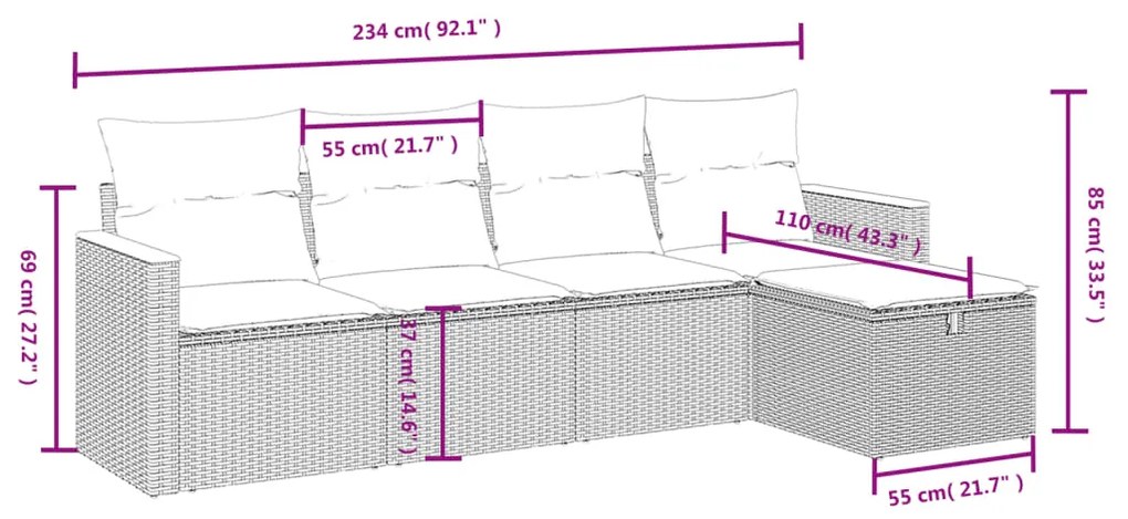 5 pcs conjunto de sofás p/ jardim com almofadões vime PE bege