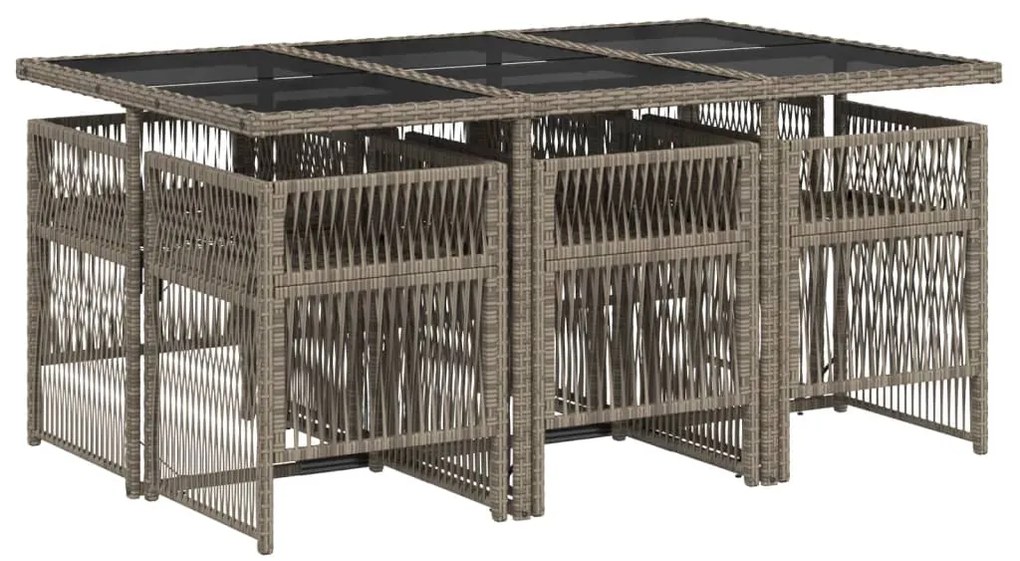 7 pcs conjunto de jantar p/ jardim c/ almofadões vime PE cinza
