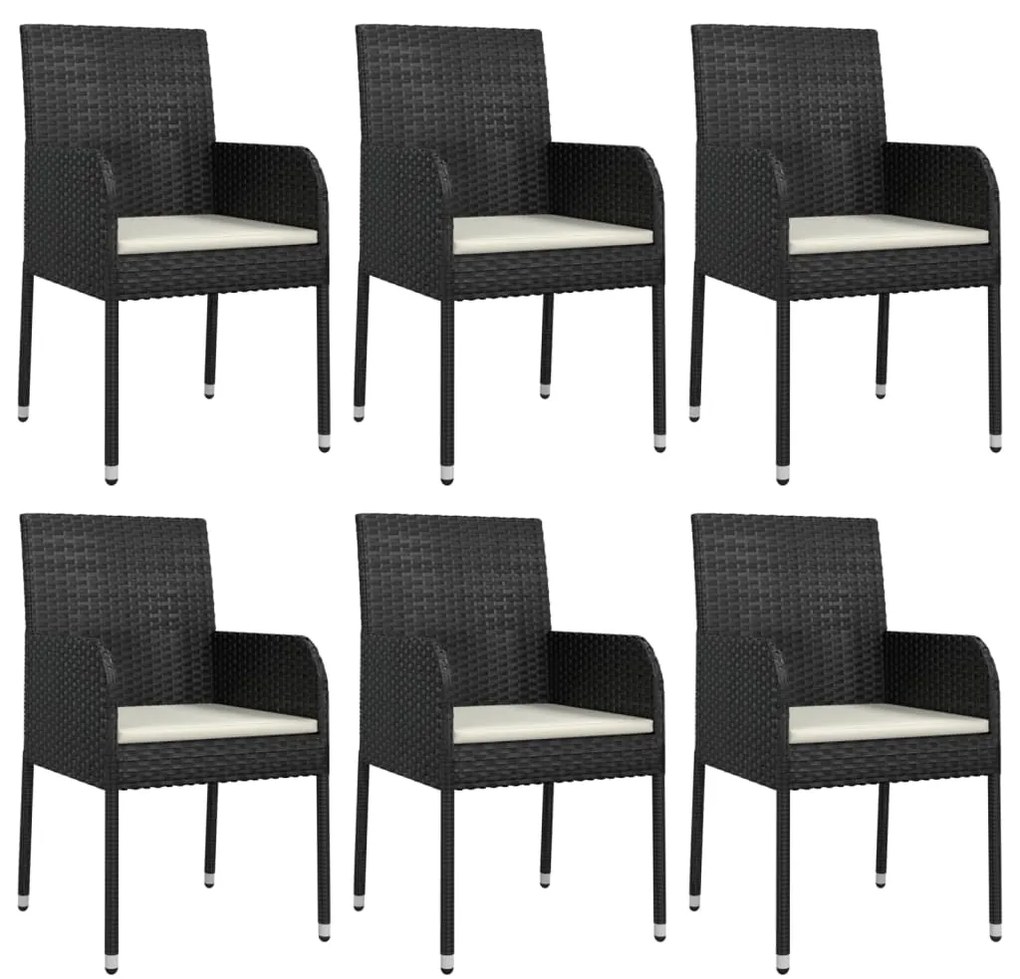 7 pcs conjunto de jantar p/ jardim c/ almofadões vime PE preto