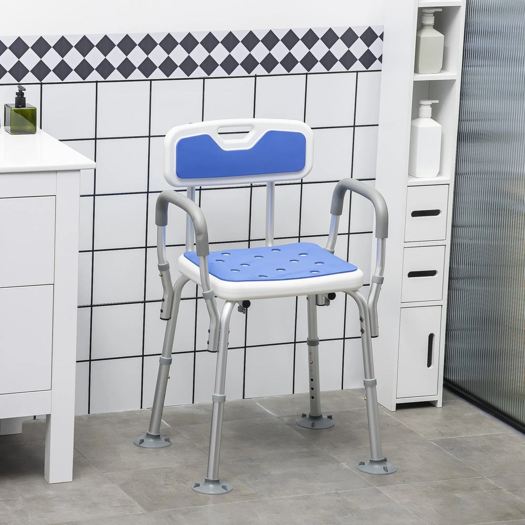 Banco de duche ergonómico com altura ajustável e pés antiderrapantes, 56,5 x 53,5 x 87 cm, branco e azul