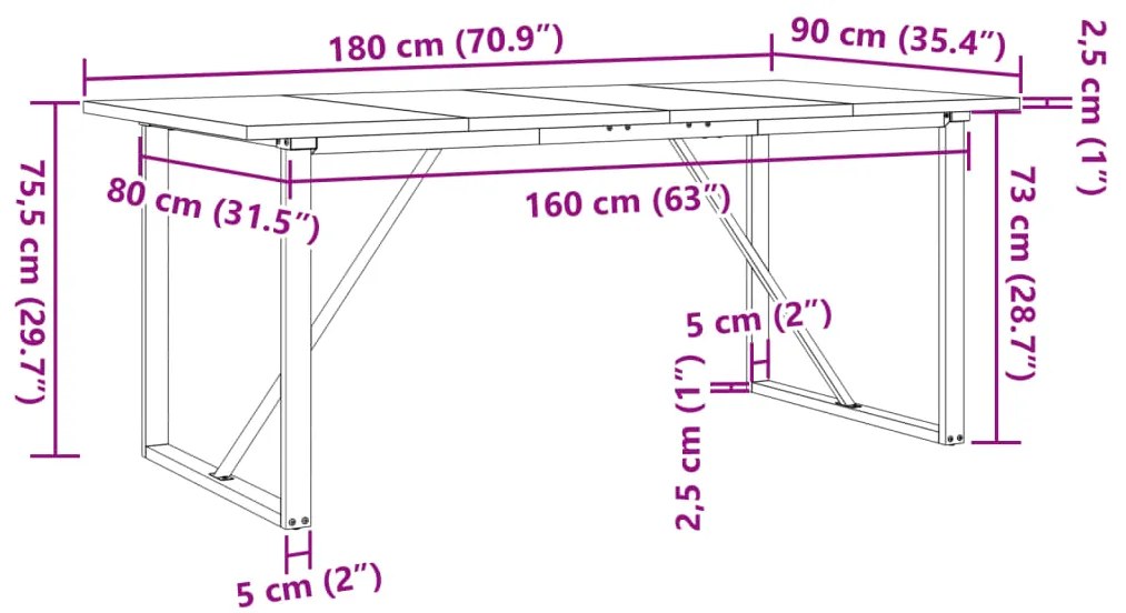 Mesa de jantar estrutura em O 180x90x75,5cm pinho/aço