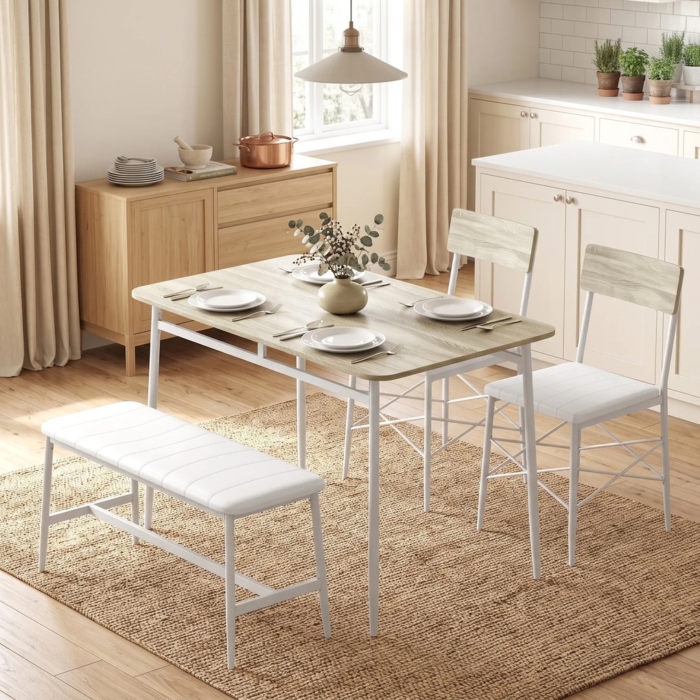 Conjunto de mesa de jantar com 2 cadeiras e um banco, assentos estofados, para sala de estar, espaços pequenos, em cor carvalho e branco