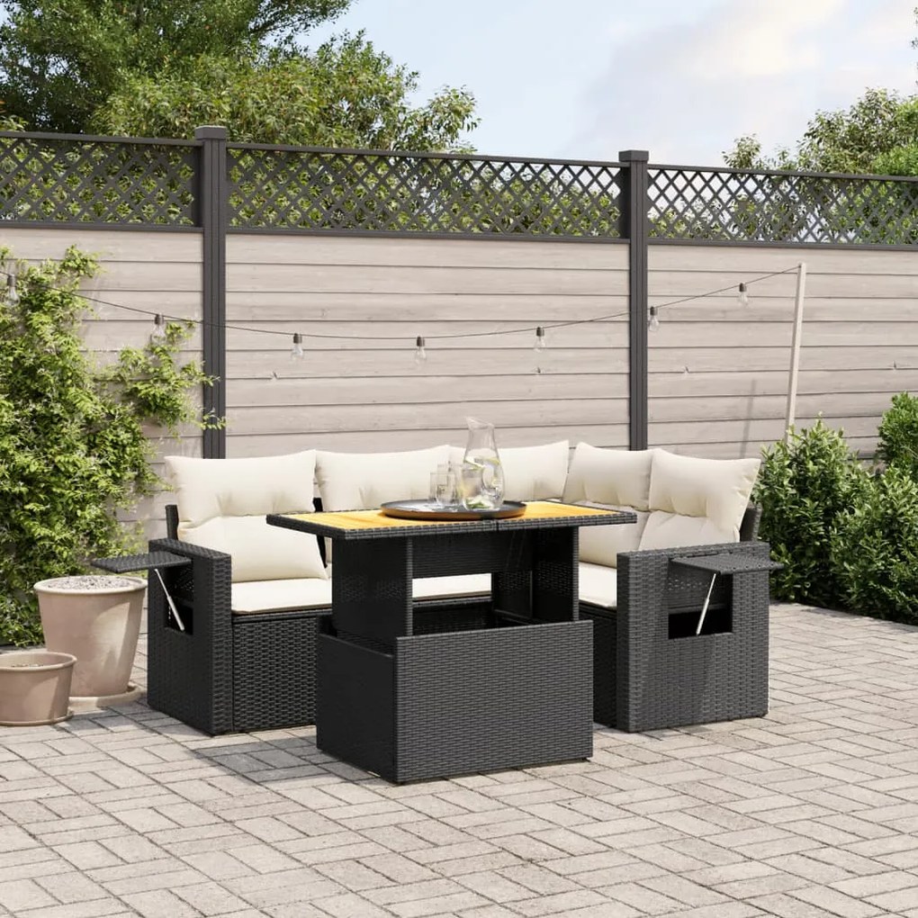 5 pcs conjunto sofás de jardim com almofadões vime PE preto