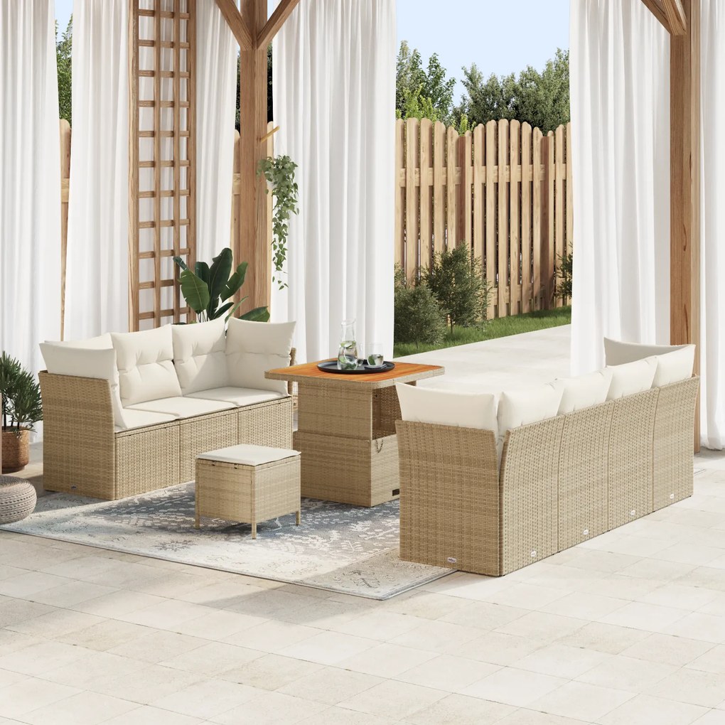 Conjunto de Sofá de Jardim com Almofadas de 10 Peças Bege Rattan Poliéster Acácia