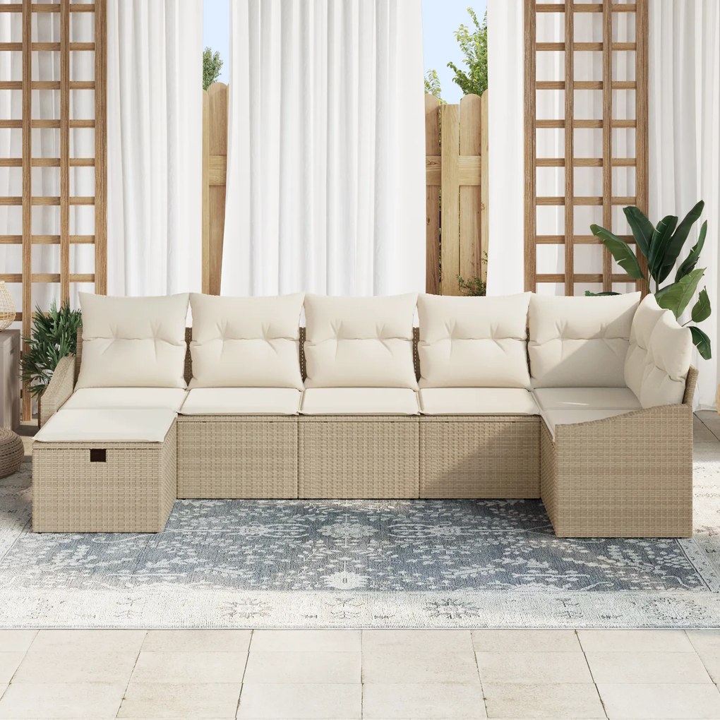 Conjunto de Sofá de Jardim 7 Peças com Almofadas Bege Rattan Poly