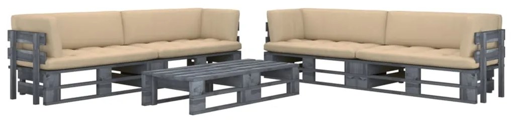 6 pcs conj. lounge paletes c/ almofadões pinho impregnado cinza