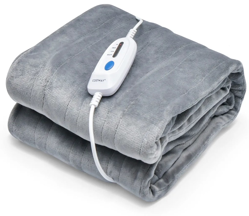 Cobertor Térmico Elétrico 150 x 200 cm Cobertor Aquecedor de Flanela com 4 Níveis Desliga-se Automático Controle Remoto Lavável na Máquina Cinzento
